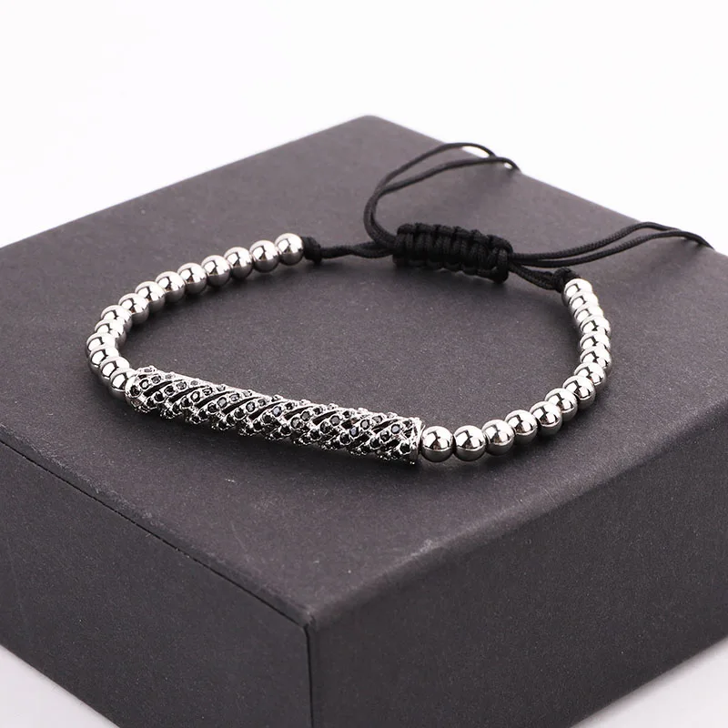 High Quality Men Women Jewelry CZ Pave Bar Charm Stainless Steel Beads Macrame Bracelet Gift