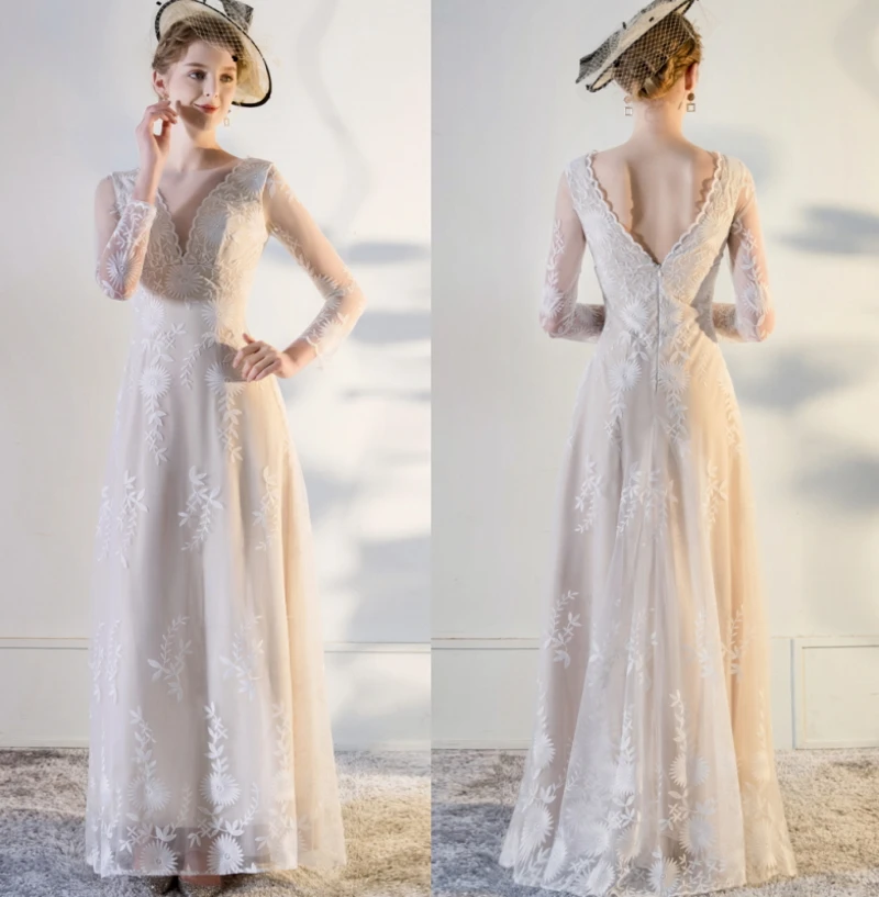 

#1230 Beach Bohemian Long Sleeve Lace Floor Length A-Line Backless V-Neck Wedding Dress Bridal Gowns