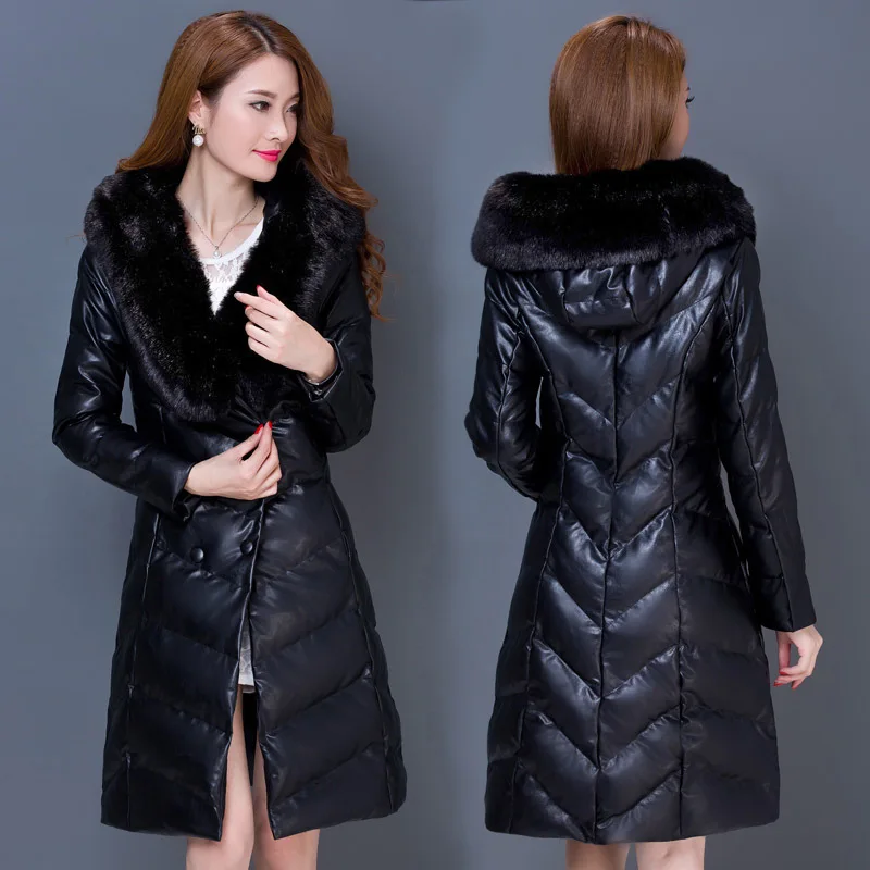 Leather Jackets Winter For Women Faux Sheep Skin Leather Jacket Artificial Fox Fur Collar White Duck Down Jacket Plus Size