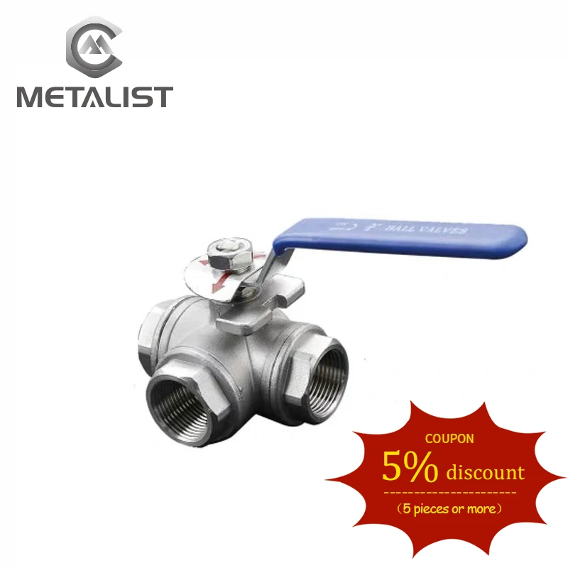 METALIST DN8-DN65 SS304 Stainless Steel Sanitary BSPT Female Threaded T Type 3 Way Ball Valve Pipe Fittings with Vinyl Handle