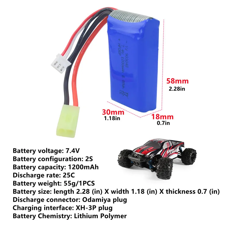 7.4V 1200mah lithium battery for 9300 9301E 9302E 9303E 9034E 9305E 9310 9201E 2.4G 1:18rc car battery