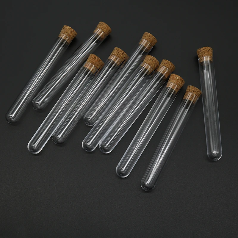 10Pcs 15x100mm Transparent Laboratory Clear Plastic Test Tubes With Corks Caps School Lab Supplies, Wedding Favor Gift Tube