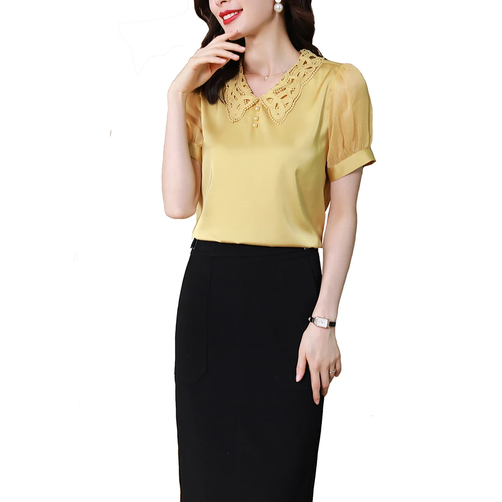 2021 Woman Super-Quality Beads Lace Collar Yarn Sleeves Satin Plus Size Top Shirt