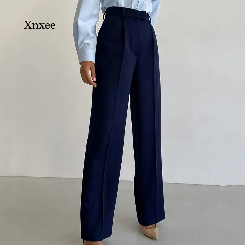 

Straight Trousers Women Chic Fashion Office Wear Wide Leg Pants Vintage High Waist Zipper Fly Female Bottoms Elegant Clothing