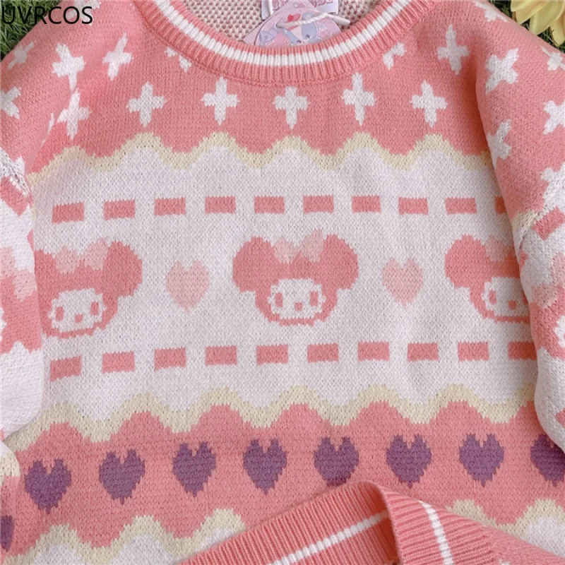 Japanese Sweet Lolita Knitted Pullovers Girls Long Sleeve Strawberry Bear Knit Sweater Autumn Winter Women Pink Warm Jumper Tops