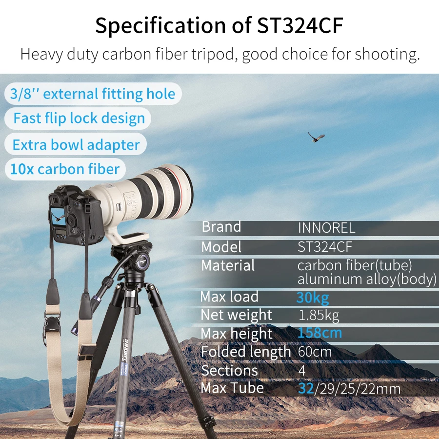 ST324CT/CF Professional 10 Layers Carbon Fiber Tripod for DSLR Camera Video Camcorder Birdwatching Heavy Duty Stand Bowl Adapter