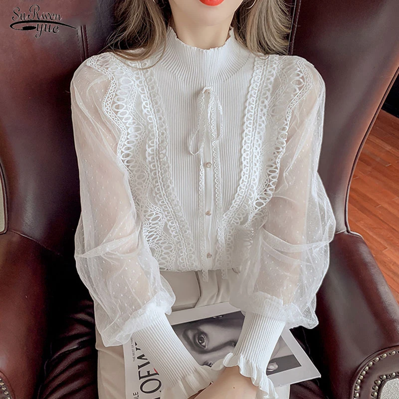 

2021 Autumn Ruffle Stitched Women's Blouse Korean Stand Collar Bow Tie Chiffon Sleeve Bottomed Sweater Hollow Shirt Blusas 16847