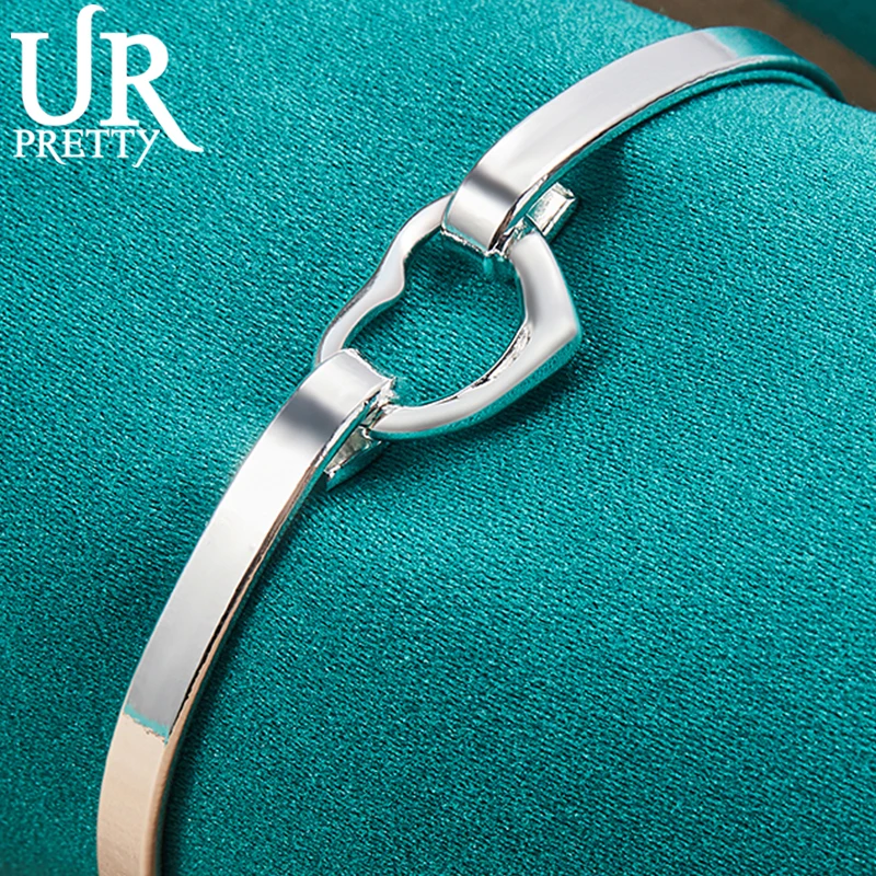 

URPRETTY New 925 Sterling Silver Love Heart Adjustable Bangle Bracelet For Women Party Engagement Wedding Charm Jewelry Gift