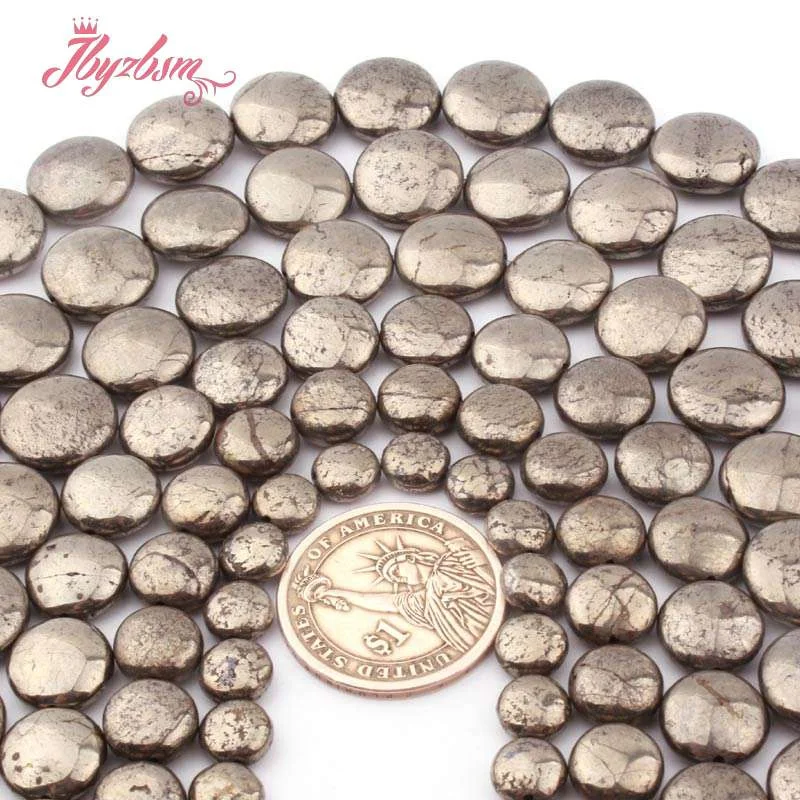 8.10.12mm Natural Coin Pyrite Smooth Loose Beads Natural Stone Beads for DIY Women Necklace Bracelet Jewelry Making Strand 15\