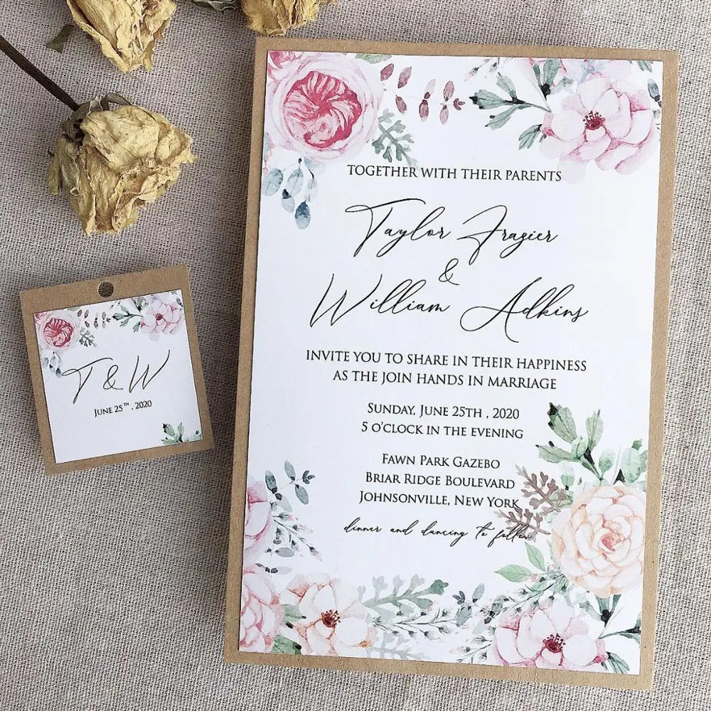 50 pcs Wedding Invitations Rustic, Kraft Paper & Flowers Invite Cards, Spring Wedding Theme