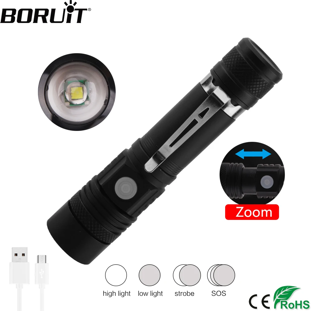 BORUiT C6 LED Zoomable Flashlight USB Rechargeable 800LM Super Bright Torch Waterproof Camping Fishing Emergency Lantern