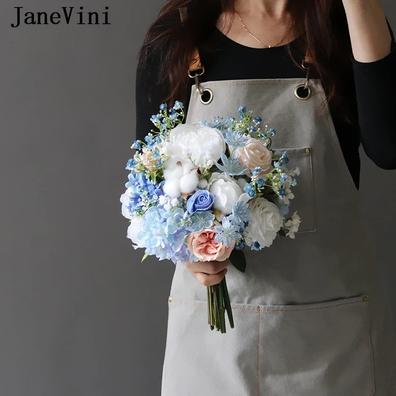 JaneVini 2021 New Romantic Beach Blue White Bridal Fake Flowers Bouquet Handmade Silk Roses Western Wedding Bouquets Accessories