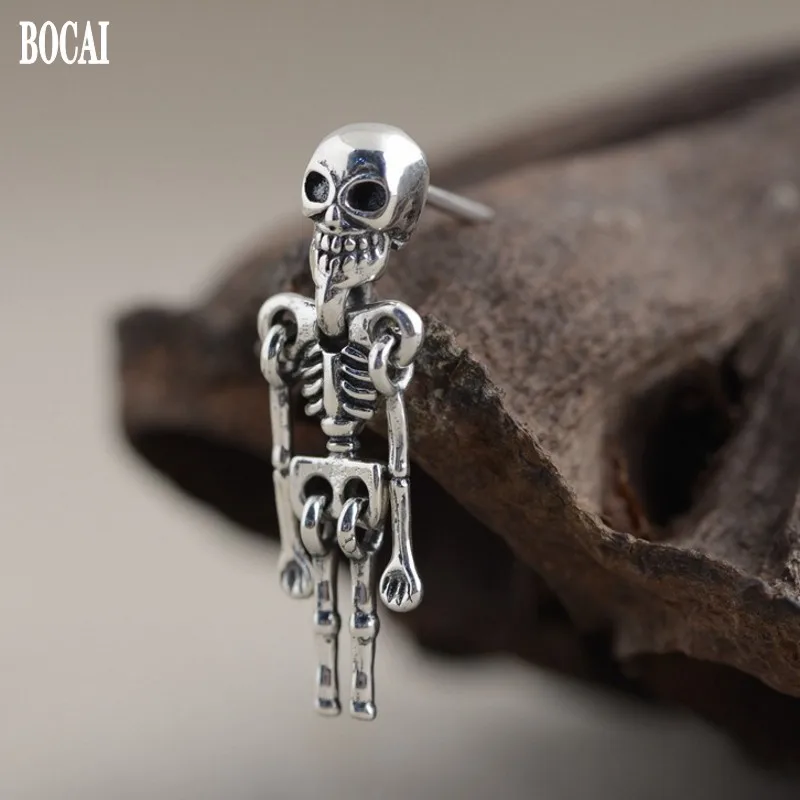 BOCAI New Real S925 pure silver jewelry skull earrings fashionable skeleton frame men's and women's earrings