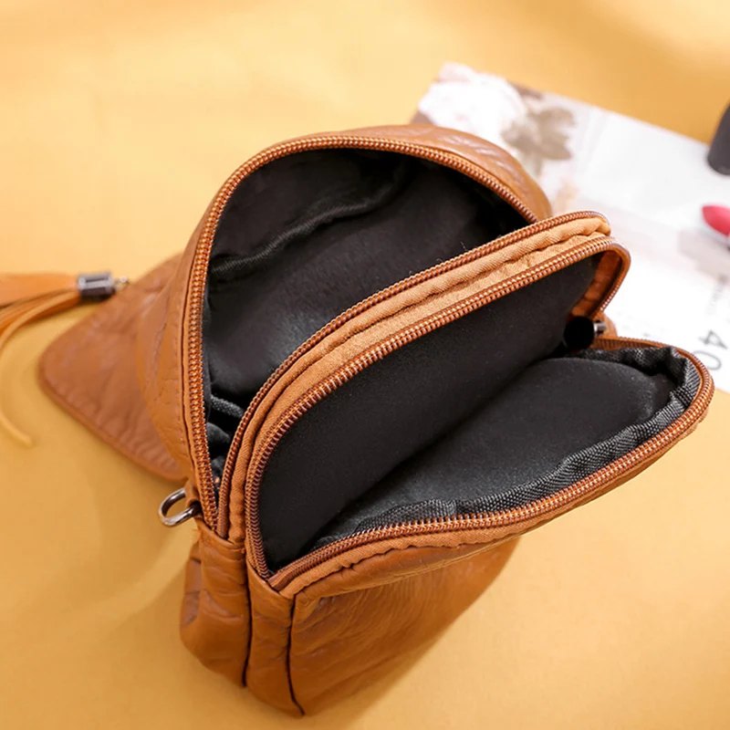 Soft Leather Crossbody Bags for Women High Quality Solid Color Tassel Shoulder Bag Retro Cell Phone Purse Handbags