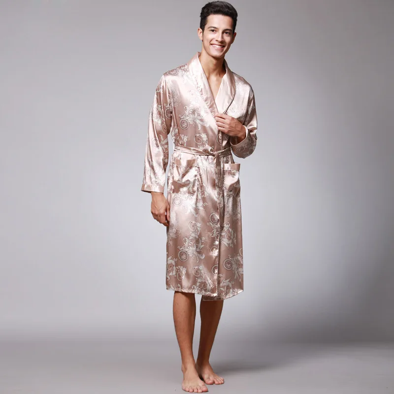 Men Sleepwear Shower Robe Bathrobe Man Pajama with Belt Imitation Silk Printing Bathrobe Satin Pijama Hombre Pyjama Loungewear