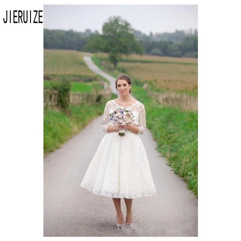 

JIERUIZE Newest Short Wedding Dresses Scoop Neck 3/4 Sleeves Button Back Country Boho Wedding Gowns Full Lace vestido de noiva