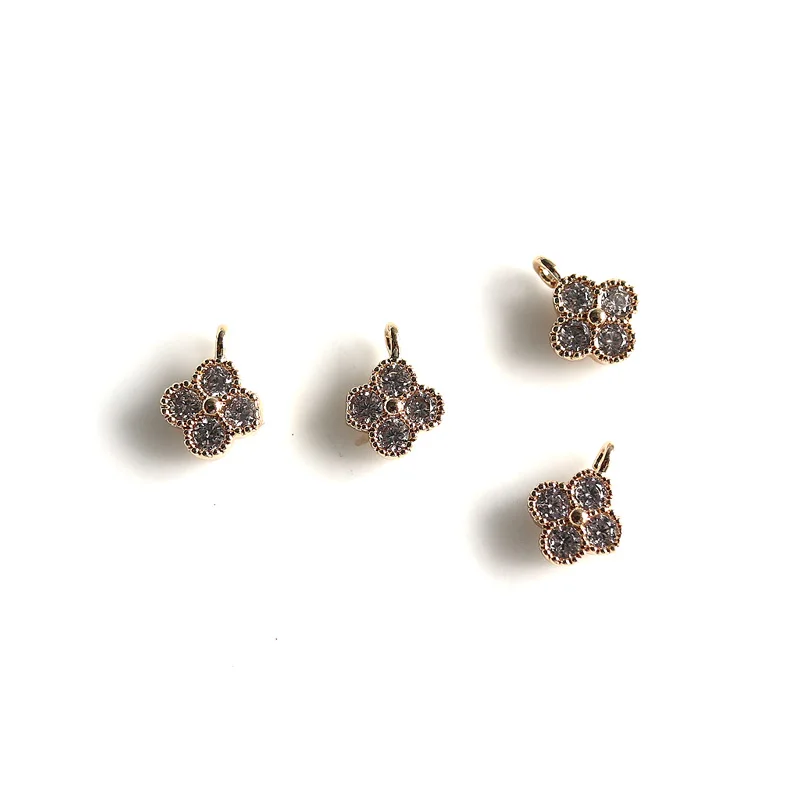 HEJI wholesale 4 pcs/lot gold color cz stone clover flower charms golden jewelry making DIY for women