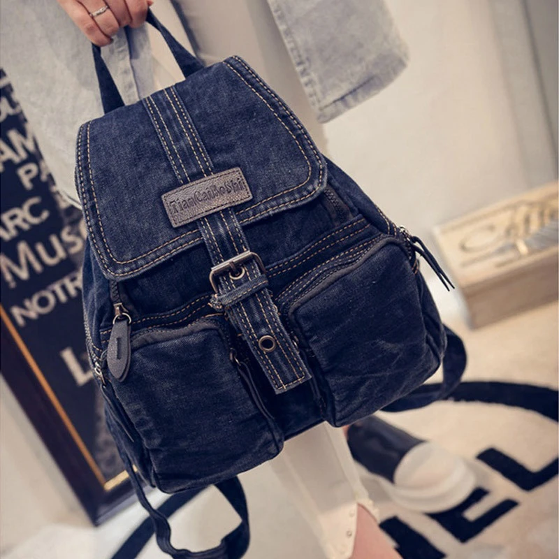 Women Fashion Washed Retro Student School Bag Denim Backpack