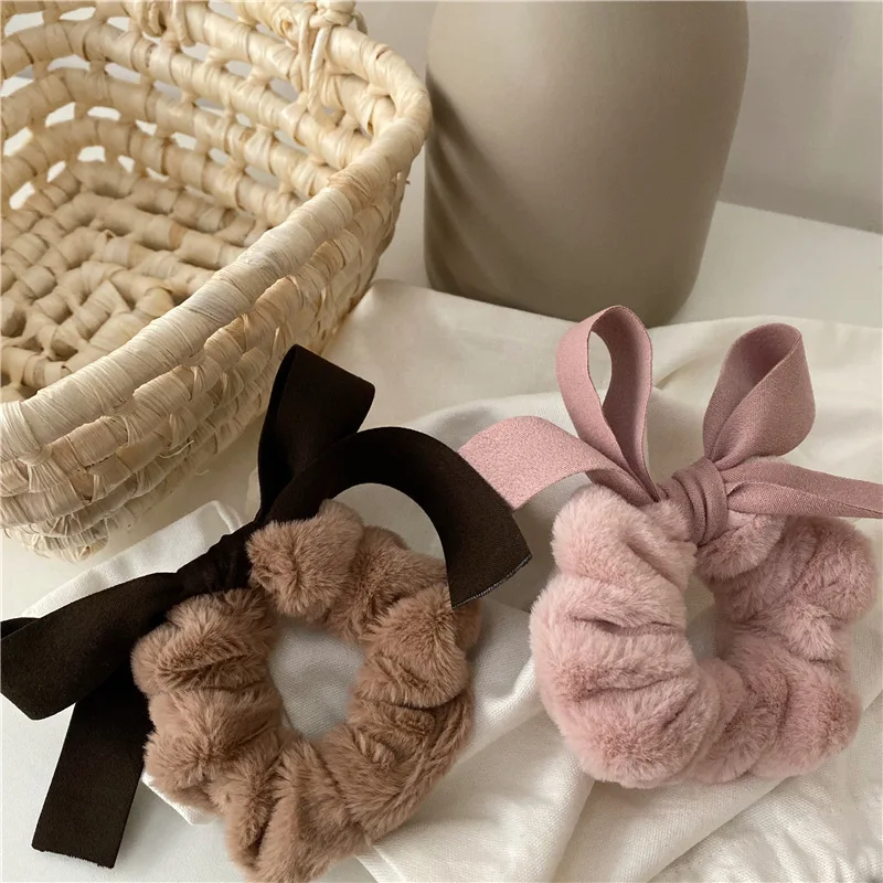 

Fashion Winter Fluffy Faux Rabbit Fur Hair Scrunchies Sweet Bowknot Elastic Hair Band Ponytail Holder Girls Hair Accessories