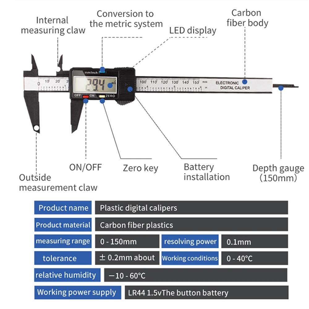 LUXIANZI 150MM Vernier Caliper High-precision Plastic LCD Digital Caliper Measure Inner Outer Diameter Depth Measuring Tools