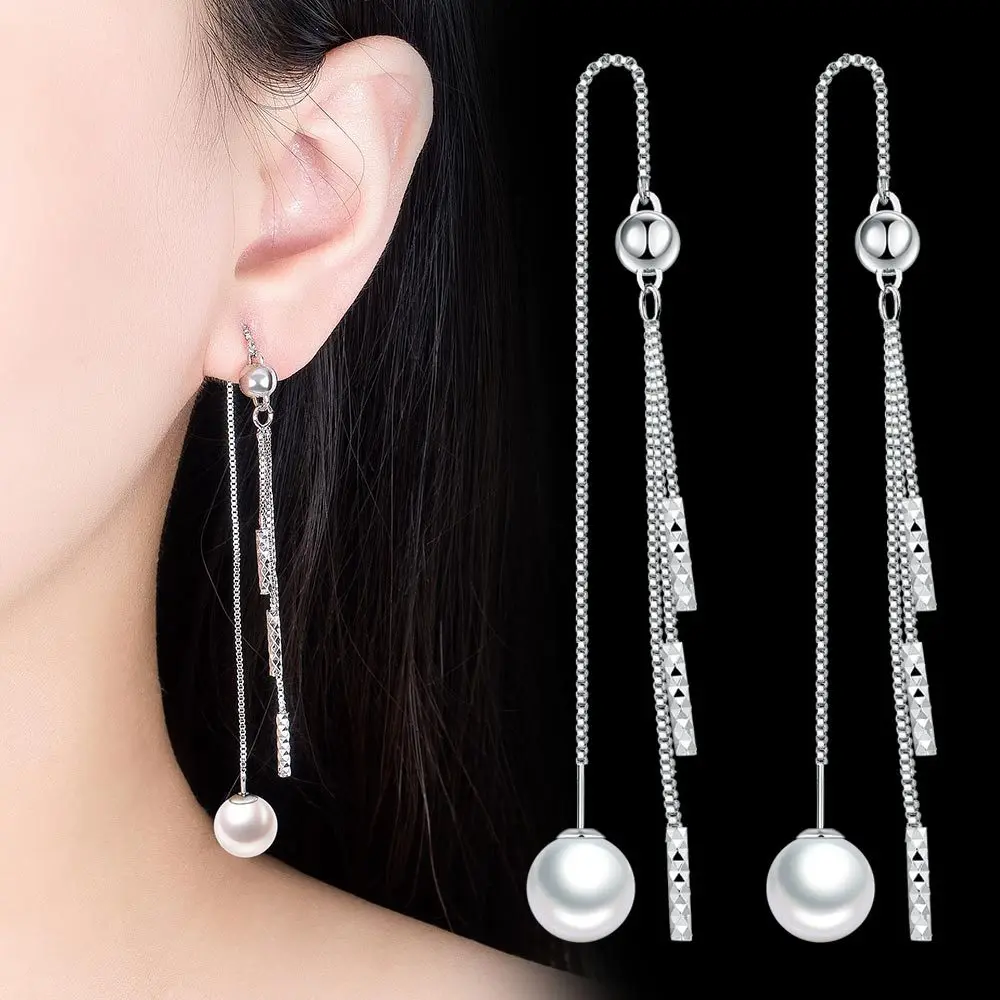 925 Silver Needle Temperament Tassel Design White Pearl Handmade Long Section Earrings Fine Jewelry For Women Gift