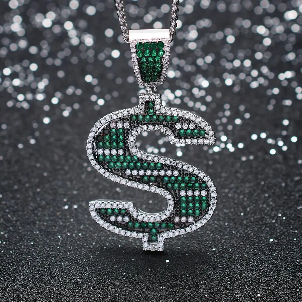 Hip Hop Micro Paved AAA+ Cubic Zirconia Iced Out Bling Green US Dollar Symbol Pendants Necklace for Men Rapper Jewelry Gifts