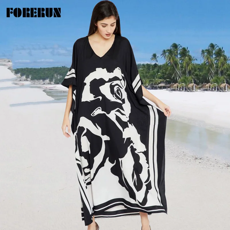 

FORERUN Kaftan Beach Dress Summer Long Bikini Cover Up Women Print Saida De Praia Beachwear Pareos De Playa Mujer