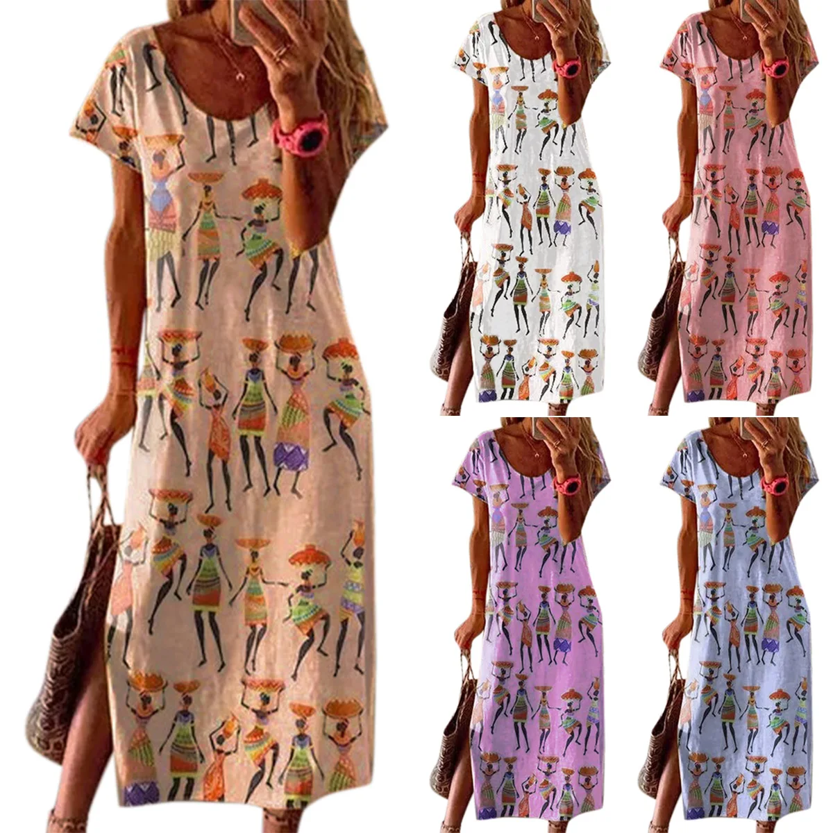 

African Loose Dashiki Print Dress Women Traditional Clothing Bazin Ankara Fashion Ethnic Casual Round Neck Long Robe Dresses