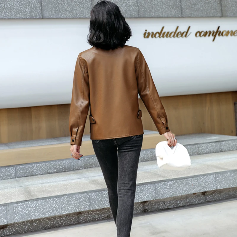 New Women Biker Leather Jacket Spring Autumn 2024 Fashion Solid Long Sleeve Loose Short Sheepskin Leather Outerwear Casual Tops