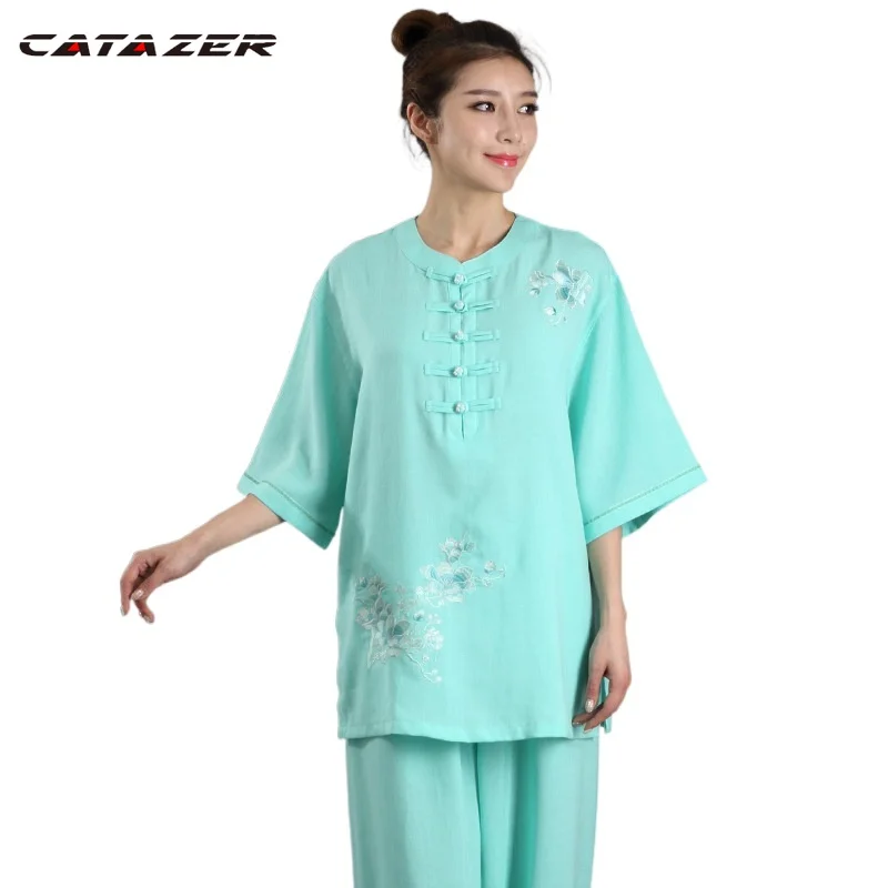 

Catazer Summer Cotton&linen Embroidery Flower Taiji Suits Martial Arts Wushu Clothing Tai Chi Kung Fu Uniforms