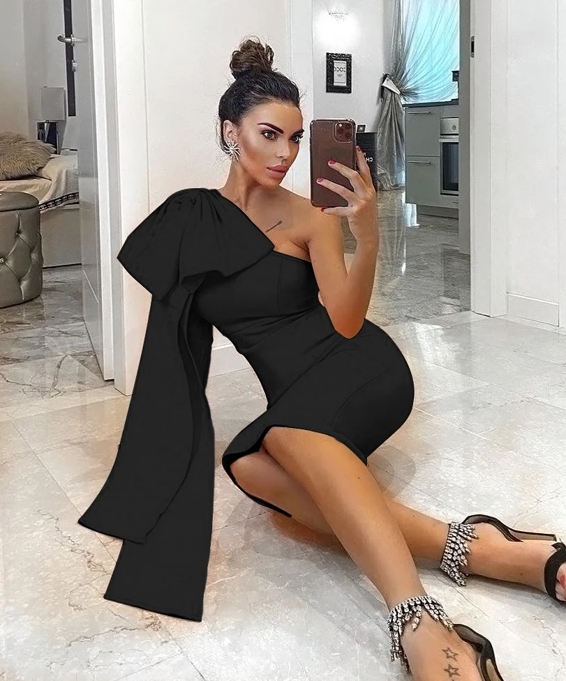 Fashion Bodycon Bandage Dress Sexy One Shoulder Big Bow Tie Long Sleeve Orange Designer Celebrity Evening Party Dress Vestido