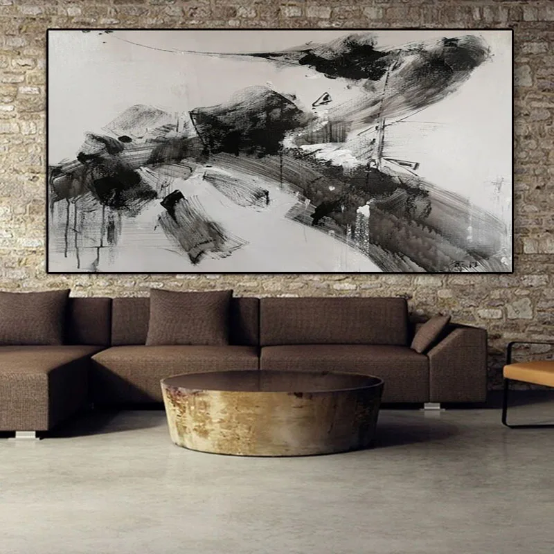 

100% Hand Painted Oil Painting Simple Black & White Color Blocks Abstract Wall Art Picture Canvas Room Home Nordic Decoration