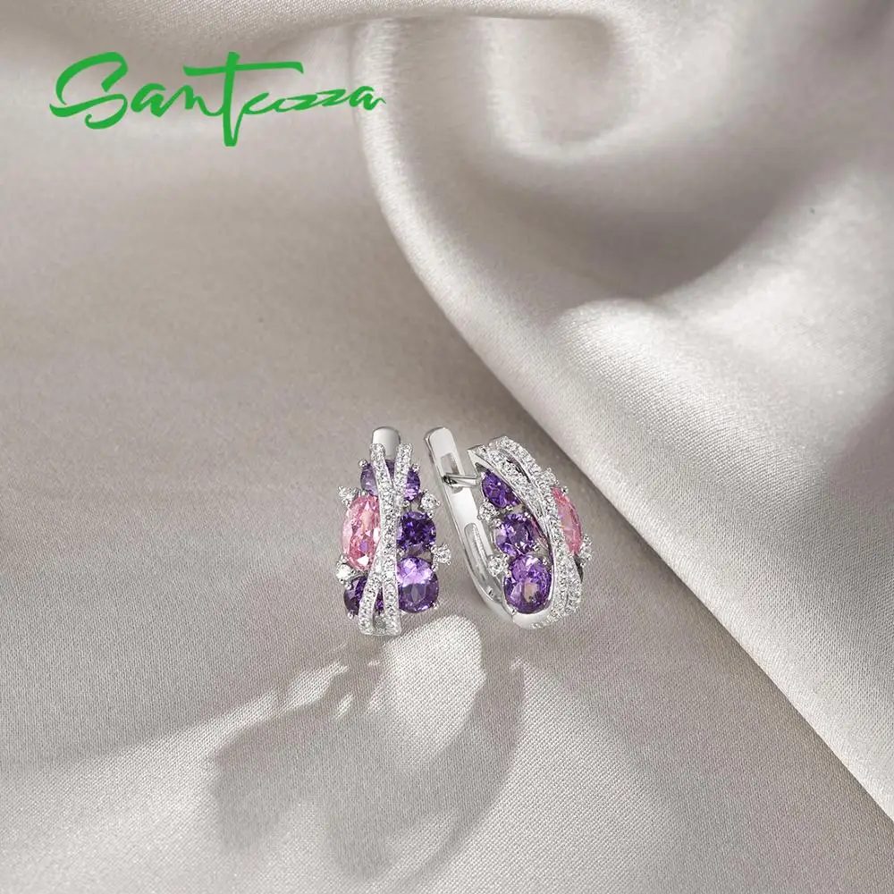 SANTUZZA 925 Silver Jewelry Set for Women Sparkling Purple Amethyst Pink Cubic Zirconia Earrings Ring Set Luxury Fine Jewelry