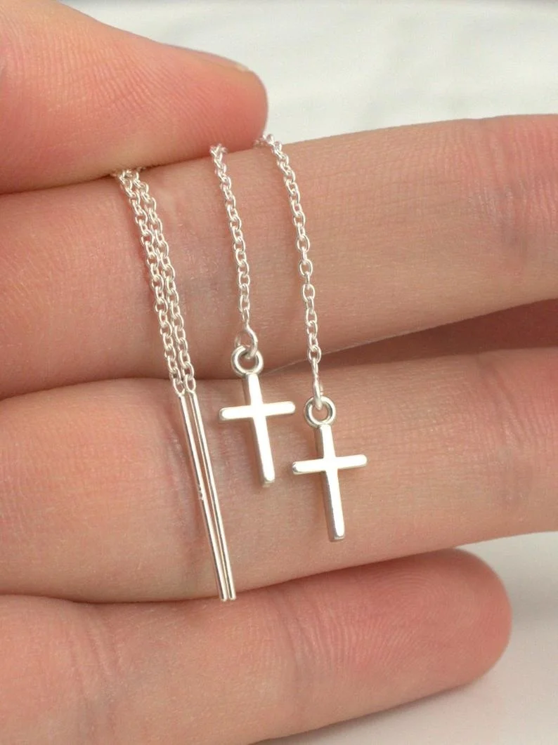 Tiny Cross threaders, Threader Earrings, Ear thread dangles, Pull-through earring, Cross dangles