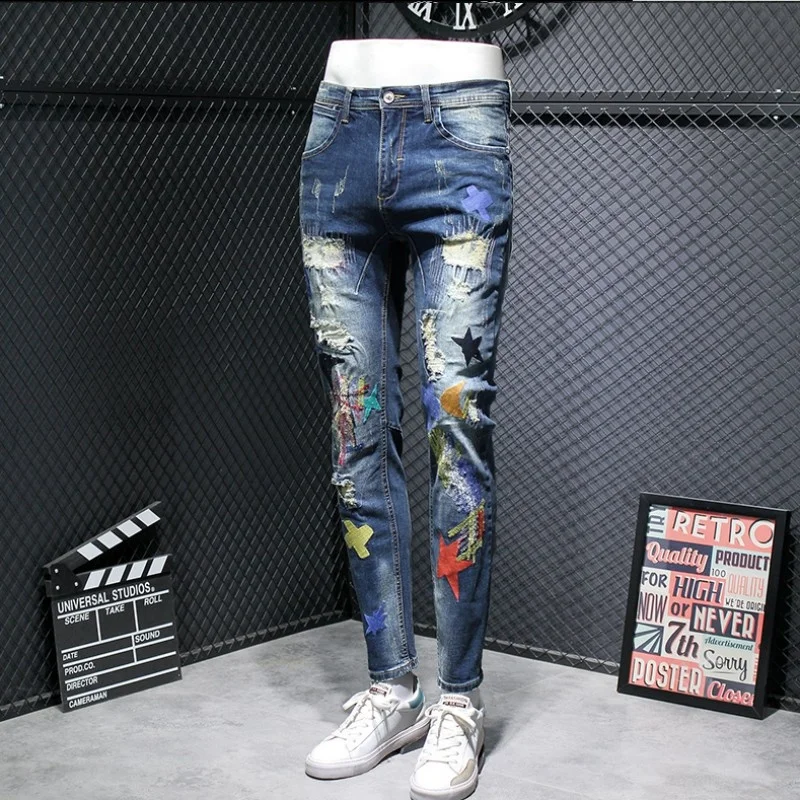 Hop Hip Mens Jeans Fashion Embroidery Hole Denim Pants Streetwear Casual Slim Fit Pencil Pants Korean Vintage Washed Blue Jeans