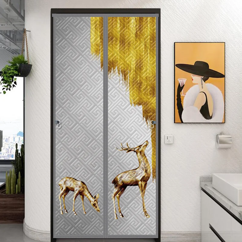 Luxury Print Winter Door Curtain Magnetic Heat Insulation Keep Warm Windproof Screen Partition Hoop and Loop Door Curtain