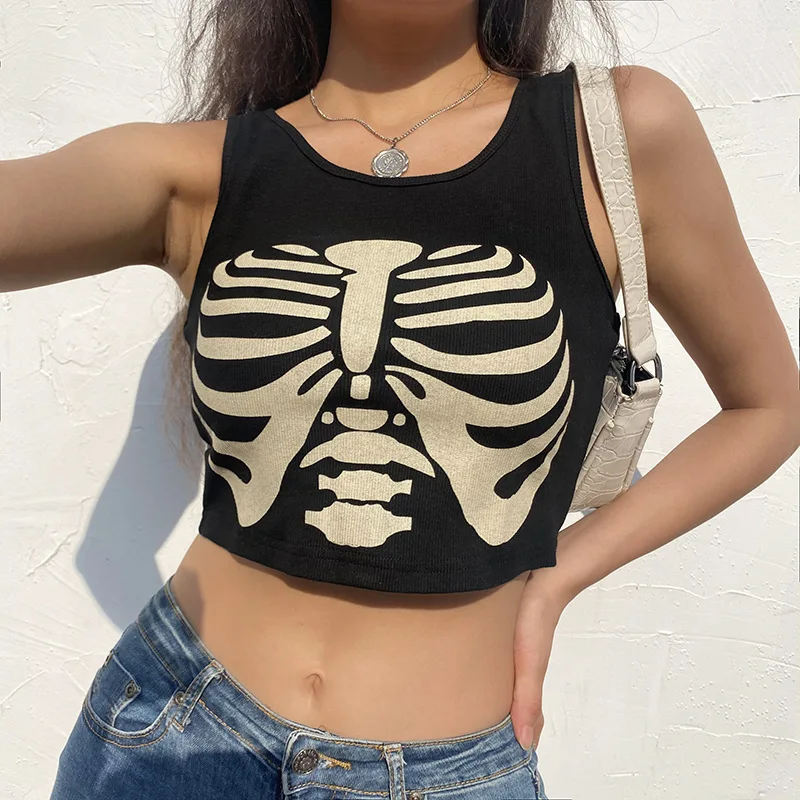 Women's Harajuku flat needle knitted crop top y2k black tight chest T-shirt retro fashion sportswear street wear