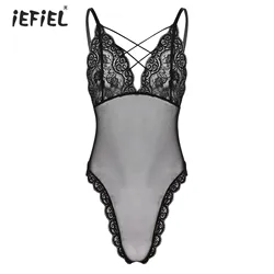 Men Pajama See-through Mesh Lace Patchwork Skinny Jumpsuit Adjustable Straps Crisscross Strappy Bodycon Bodysuit Sissy Sleepwear