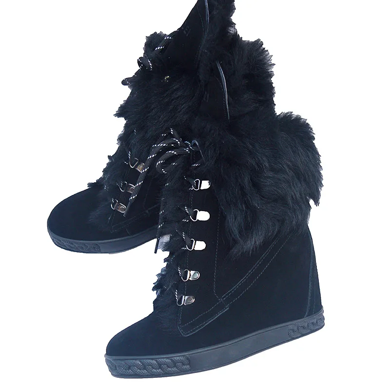 

Winter Warm wool Fur Snow Boots Black Leather Women Wedge Ankle Boots Lace Up 8CM Height Increasing Outdoor Casual Shoes Woman