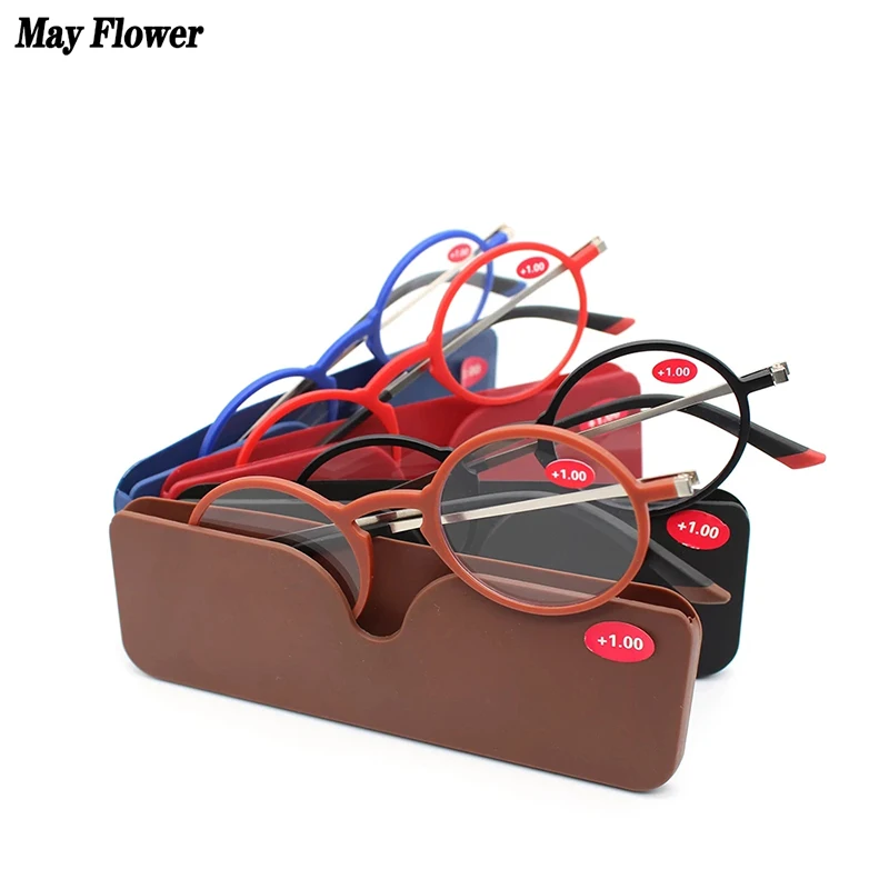 May Flower Rectangular TR90 Reading Glasses Thin Fashion Spectacles Glasses Frame Men Blue Light Round Glasses Women With Case+2