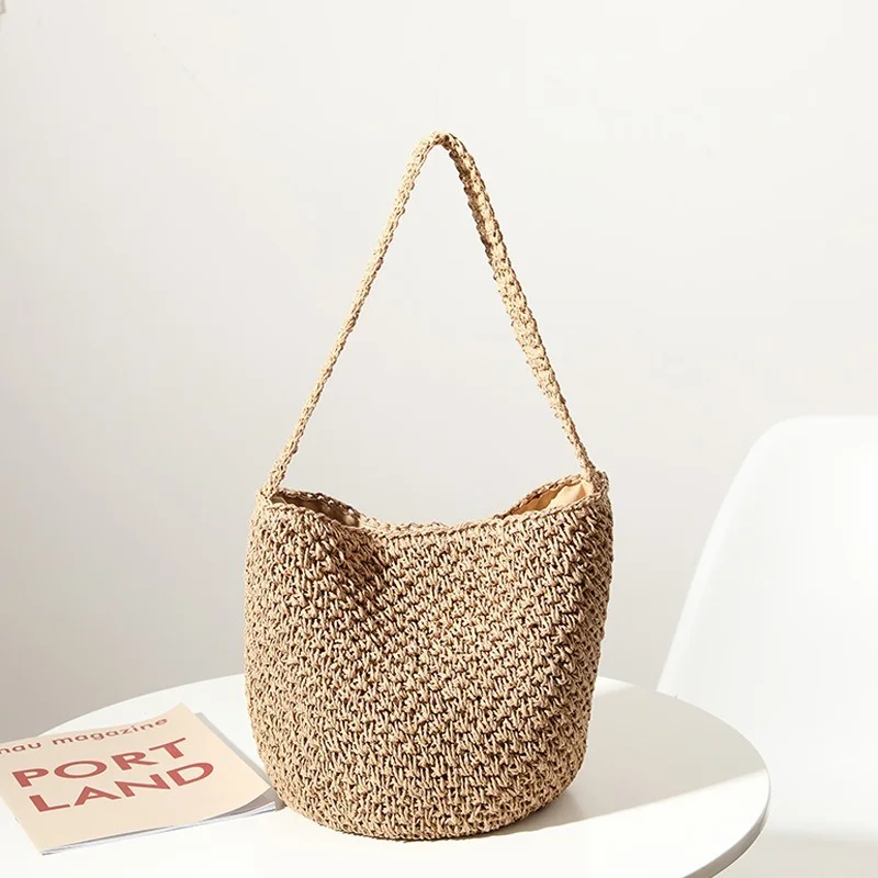 Hand-Woven Fashion Straw Woven Bag Woven Bucket Bag Seaside Vacation Beach Bag