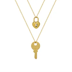 PVD 18K Gold Plated Stainless Steel Cute Small Heart Lock Key Pendant Necklaces for Women Girl Fashion Stackable Jewelry Gift