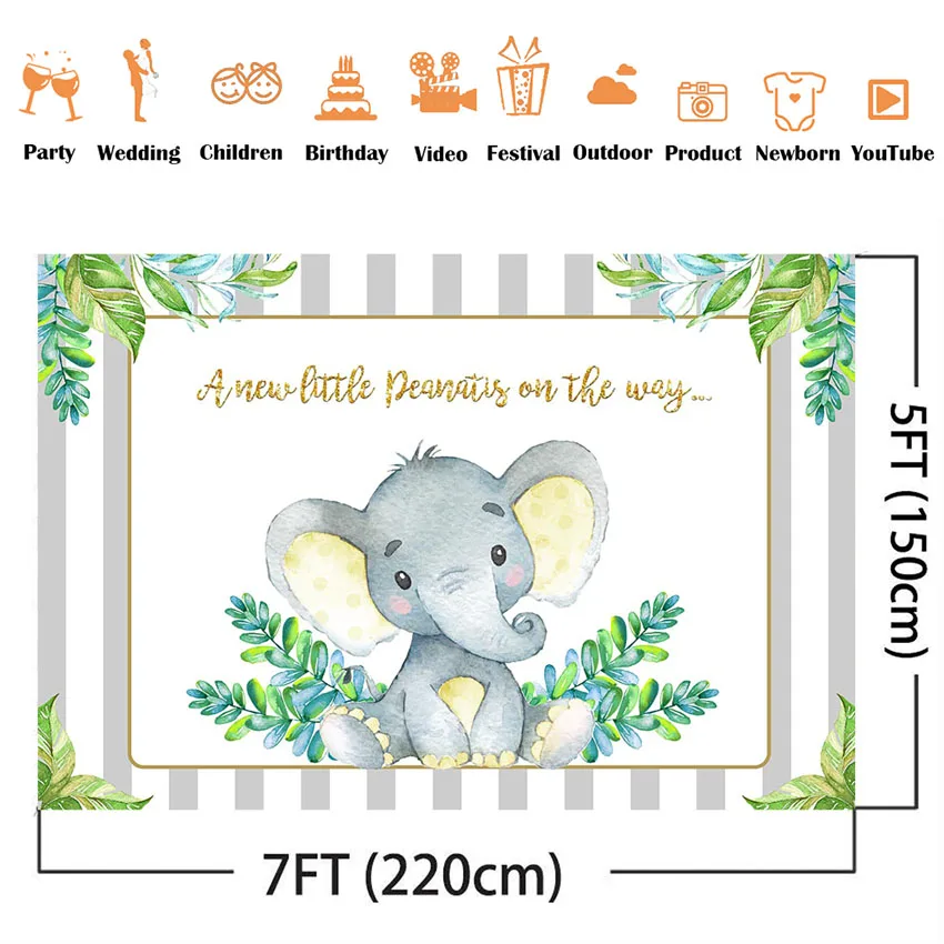 Fondo personalizado para fiesta temática de baby shower, telón de fondo de safari verde, jungla, elefante pequeño, cumpleaños