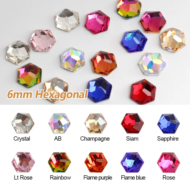 New sale Flat backRhinestones 6MM Hexagonal Mix color Glass crystal stone DIY Nail Art Decorations