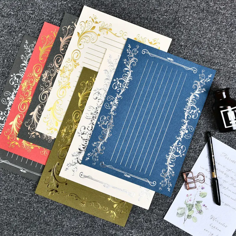 12pcs Creative European Retro Letter Pad Romantic Love Confession Invitation Writing Paper Office Bronzing Gold Silver Pattern