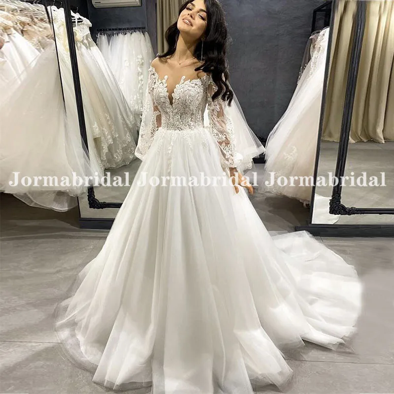 Illusion Long Sleeve Wedding Dresses Floral Applique A-Line Boho Princess White Tulle Bridal Dress Bohemian Wedding Gowns 2021