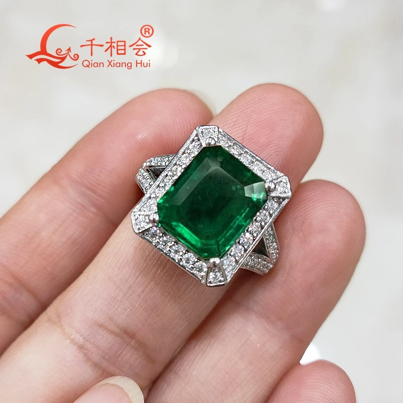 

925 silver green color emerald ring 9*11MM Created Hydrothermal Muzo Emerald with melee moissanite for Wedding