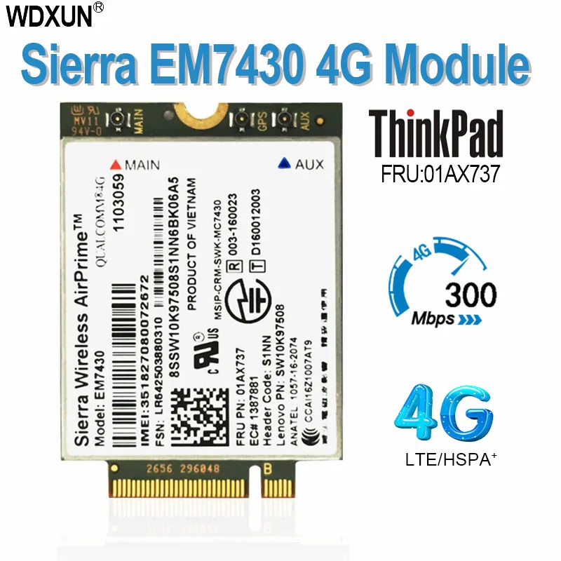 Sierra EM7430 FDD/TDD-LTE 4g Fibra Lenovo Thinkpad X270 X1 5th Geração (20HQ, 20HR) X1 joga Tablet Gen 2 01 ax737