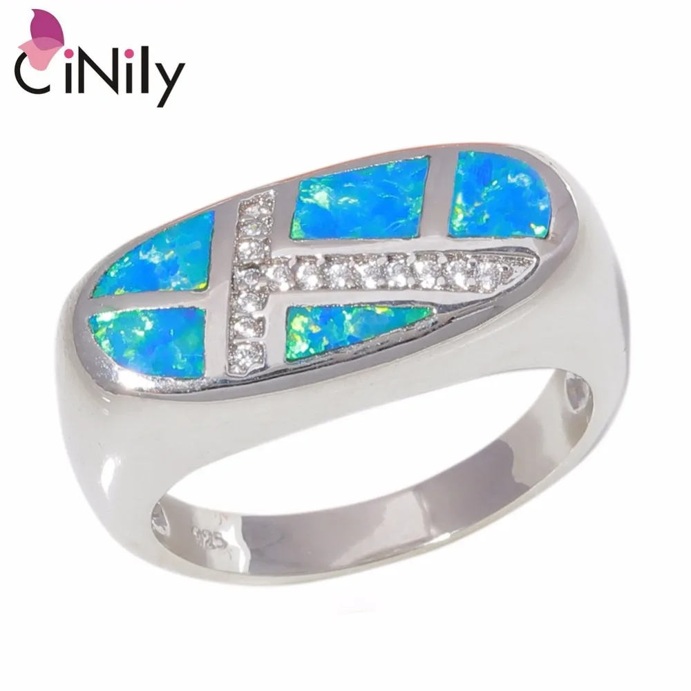 CiNily Created White Blue Fire Opal Cubic Zirconia Silver Plated Wholesale for Women Jewelry Engagement Ring Size 5-12 OJ9383-4