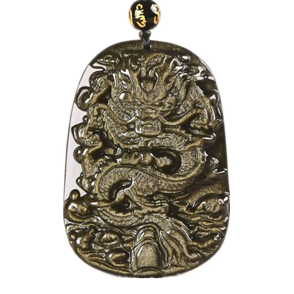 Natural Golden Obsidian Chinese Dragon Necklace Pendant Hand-carved Golden Dragon Gemstone Necklace Men's Lucky Amulet Pendant